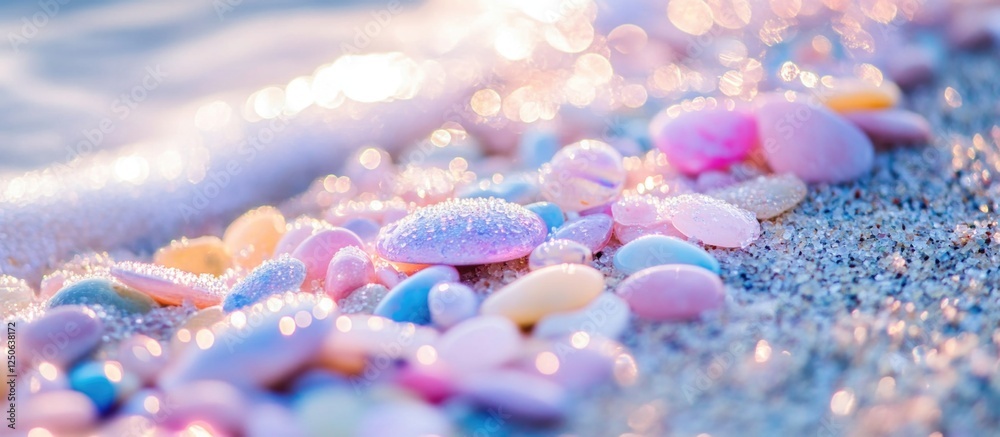 Poster colorful sea pebbles with morning dew resting on beach stones creating a textured background for nat
