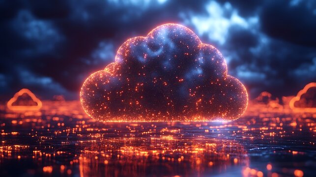 Data cloud computing with glowing geometric patterns and network cables