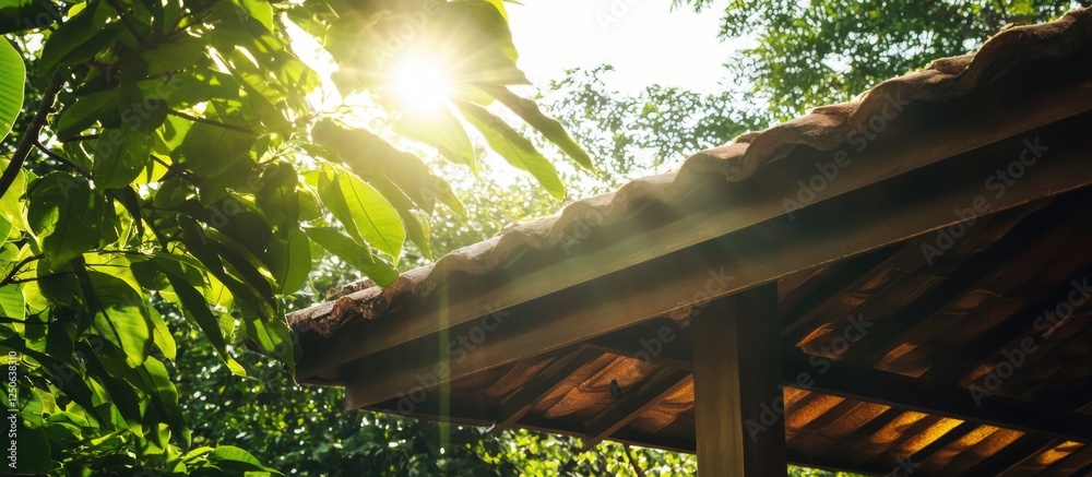 Poster sunlight filtering through lush foliage over a rustic wooden roof in a serene natural setting