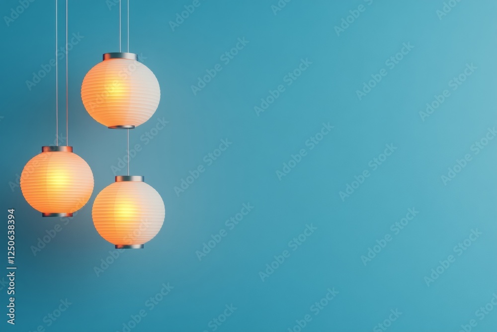 Poster modern illumination aesthetic glowing paper lanterns on minimalist blue background - cultural conten
