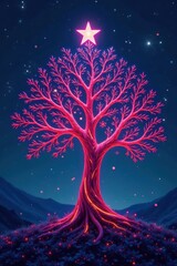 Ornate glowing tree, star atop, vibrant colors, christmas lights, celebration, glitter