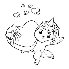 Valentine Day Coloring Page with cute unicorn
