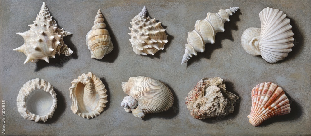 Poster collection of diverse sea shells arranged artistically on a textured grey background showcasing natu