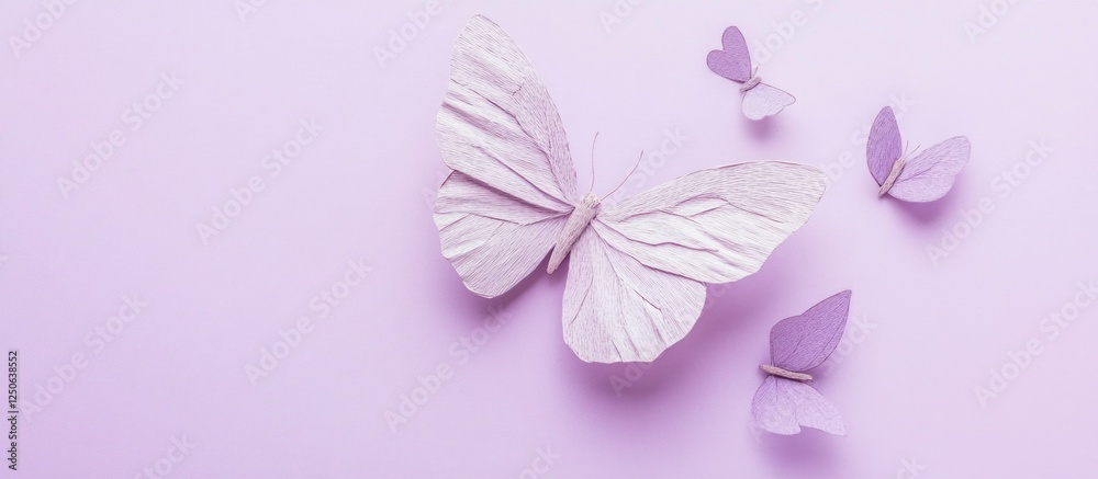 Aufkleber Lilac butterflies on a soft violet background with crafting cardboard and bokeh effects for scrapbooking and creative projects.