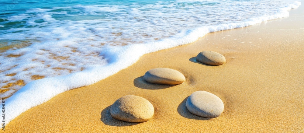 Aufkleber Smooth stones on a sandy beach with gentle waves lapping at the shore creating a peaceful coastal scene.