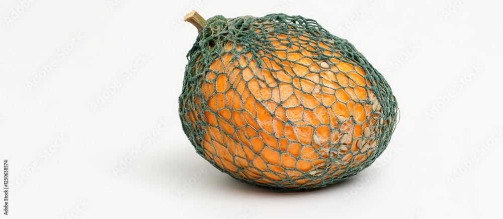 Poster Rock Melon Isolated Fresh Green Melon Wrapped in Netting on White Background