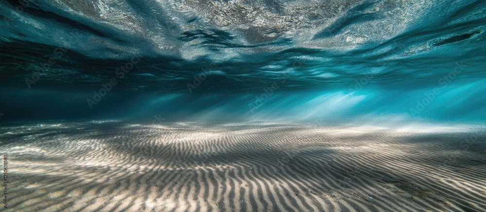 Poster underwater beach sand texture with shimmering light patterns and tranquil blue water reflections in 