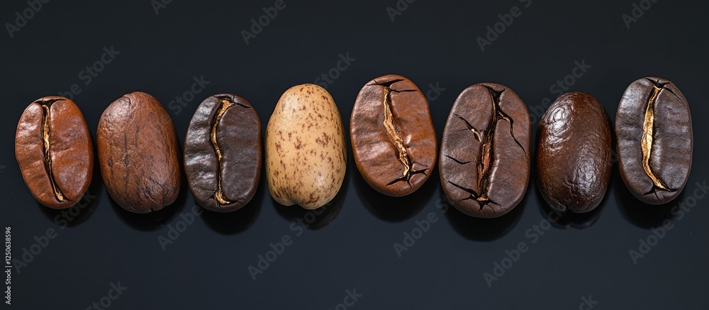Aufkleber Roasted cocoa and coffee beans arranged in a line on a sleek black background showcasing their unique textures and colors