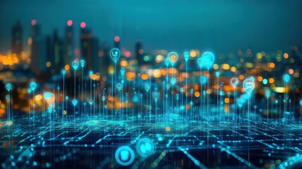Fototapeta premium AI-driven atmospheric water collection, intelligent humidity sensors optimizing water harvesting in urban environments, neon cityscape