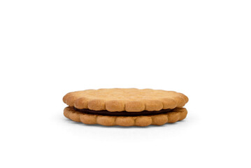 Sandwich cookie with chocolate cream and hazelnuts isolated on white background.