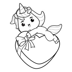 Valentine Day Coloring Page with cute unicorn