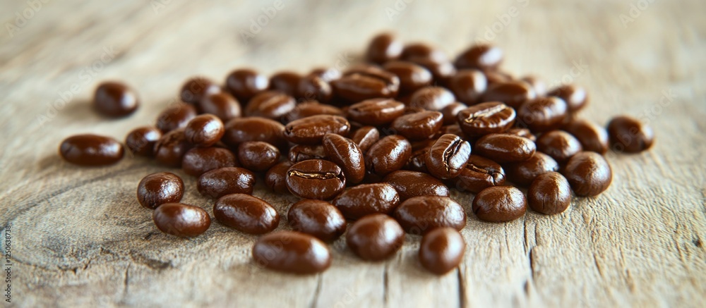 Poster roasted coffee beans scattered on a rustic wooden surface ideal for beverage or culinary backgrounds