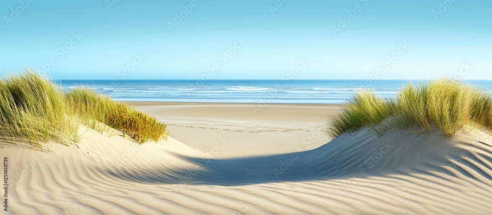 Poster tranquil beach scene with gentle sand dunes and calm waters creating a soothing coastal landscape fo