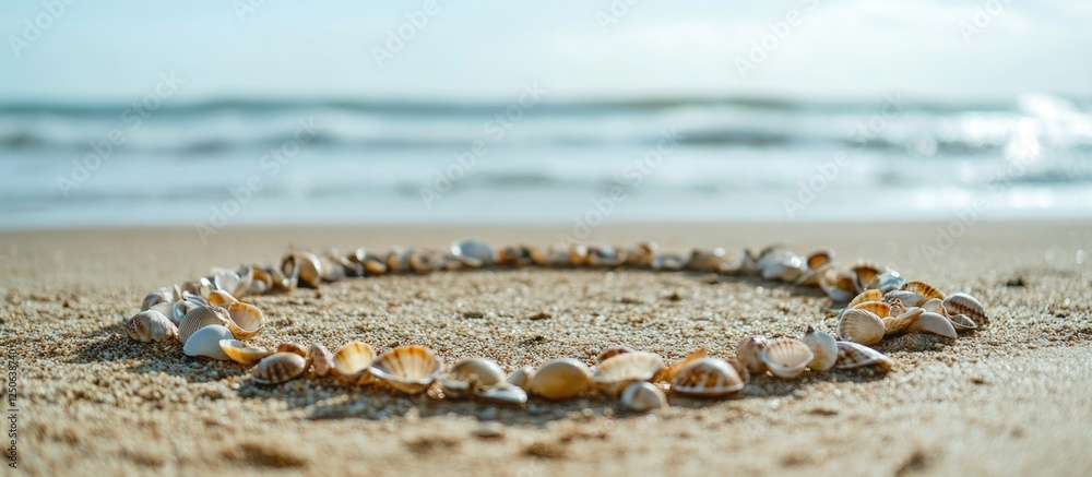 Poster Seashells arranged in a circular frame on sandy beach with ocean waves creating a serene summer background for text placement.