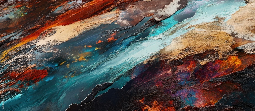 Poster abstract aerial view of vibrant canyon landscape showcasing rich rock textures and colorful water pa