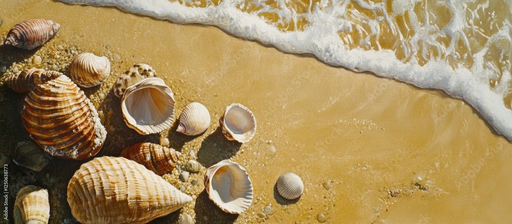 Aufkleber seashells and pebbles scattered on sandy beach shore with gentle waves lapping in the background dur