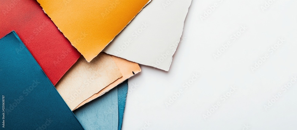 Poster colorful scrapbooking paper with folds and creases arranged on a blank canvas ideal for artistic and