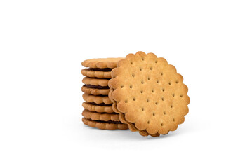 Sandwich cookie with chocolate cream and hazelnuts isolated on white background.