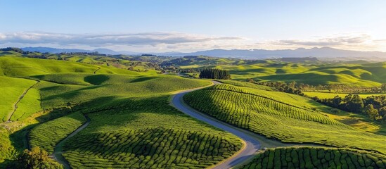 Aerial landscape view of winding road amidst lush green tea plantations under a clear blue sky with distant mountains.