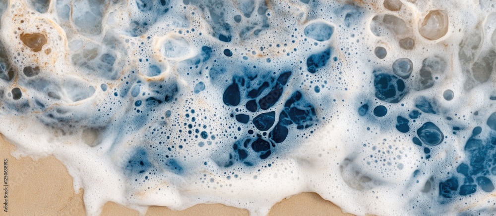 Poster Sea foam texture on sandy beach creating a natural high-quality background image showcasing oceanic patterns and colors.