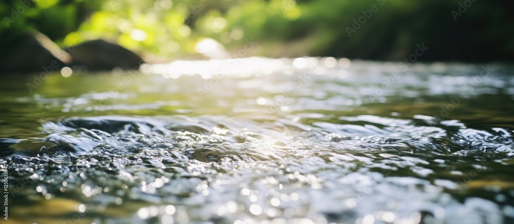 Poster gentle ripples on a serene river surface reflecting sunlight with lush greenery in the background cr