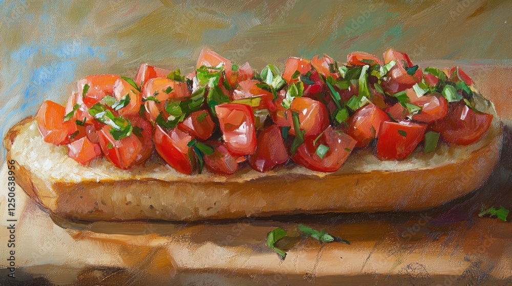 Poster bruschetta with fresh tomatoes and herbs on toasted bread showcasing vibrant colors and appetizing t