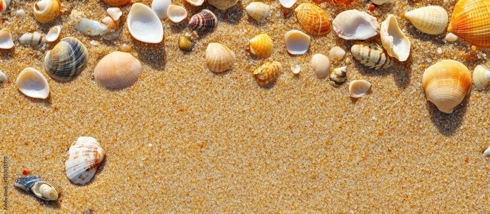 Poster close-up of diverse seashells on golden sandy beach surface creating a serene coastal texture perfec