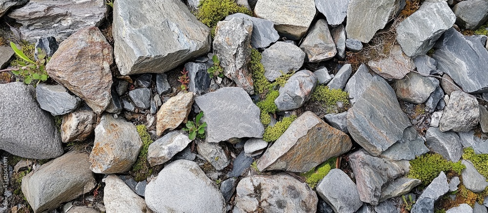 Poster Diverse textured rocky surface with various shapes and moss showcasing natural landscape elements for background or design use.