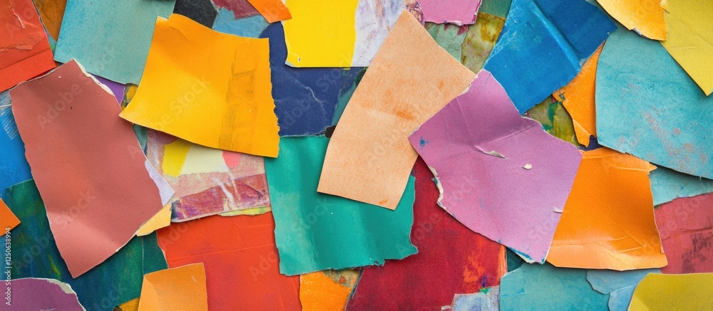 Aufkleber Colorful paper scraps arranged artistically on a textured wall creating a vibrant and abstract background for creative design use.