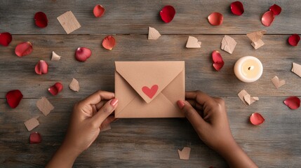 Whimsical DIY Valentines Mailbox Hands Crafting Heartfelt Envelopes with Rustic Papers and Petals - Romantic Gifting Ideas for Handmade Market and Creative Events