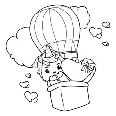 Valentine Day Coloring Page with cute unicorn