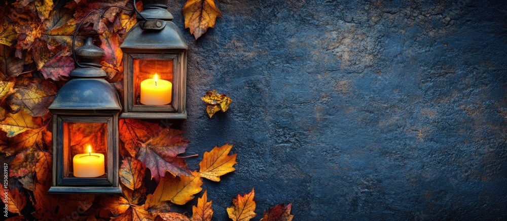 Aufkleber Rustic lanterns glowing among autumn leaves with a clear space for customization and text overlay in a warm, inviting scene.