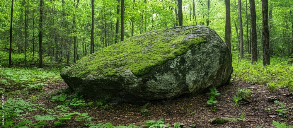 Aufkleber mossy rock in a serene forest setting under a cloudy summer sky creating a peaceful natural atmosphe