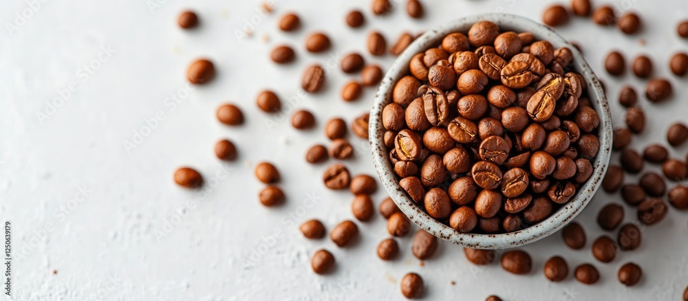 Aufkleber coffee beans in a rustic bowl with scattered beans on a textured white background for a cozy beverag