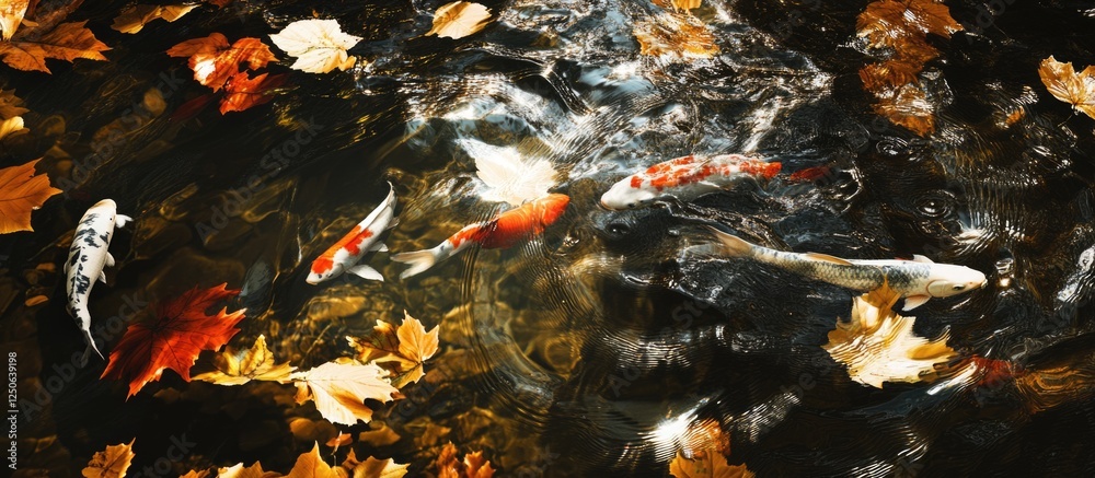 Poster autumn river scene with colorful fish and fallen leaves creating a serene and picturesque natural en