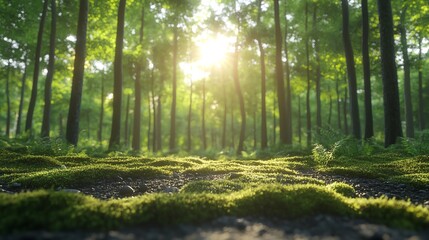 Fototapeta premium A serene forest scene illuminated by sunlight, featuring lush greenery and tranquil moss-covered terrain.