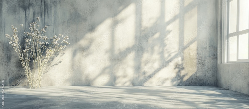 Aufkleber Empty room with cement floor and gray concrete wall texture illuminated by sunlight creating soft shadows and a tranquil atmosphere