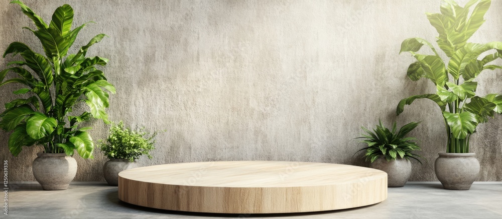 Poster circular wooden display podium with potted plants against a textured cement wall providing ample spa