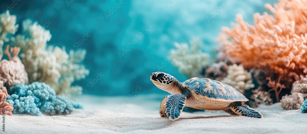 Poster sea turtle calf swimming gracefully in a vibrant aquarium surrounded by colorful corals on a sandy s