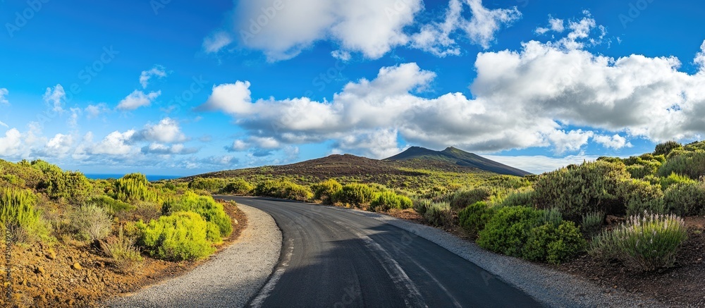 Aufkleber scenic road winding through lush greenery under a vibrant sky with fluffy clouds and mountains in th