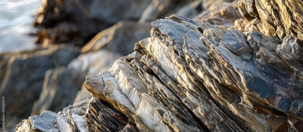 Aufkleber Close-up texture of layered scree rocks on a shoreline with soft lighting showcasing natural patterns and colors in geological formations.
