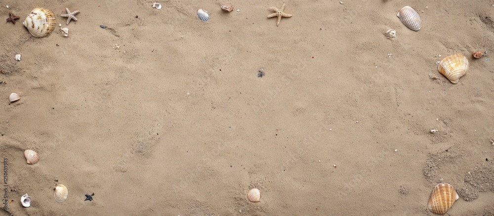 Poster Sandy beach background featuring seashells and starfish ideal for summer holiday concepts with ample empty space for design use