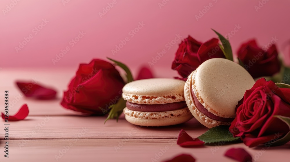 Poster roses and macarons elegantly arranged on a wooden table with a soft pink background showcasing roman
