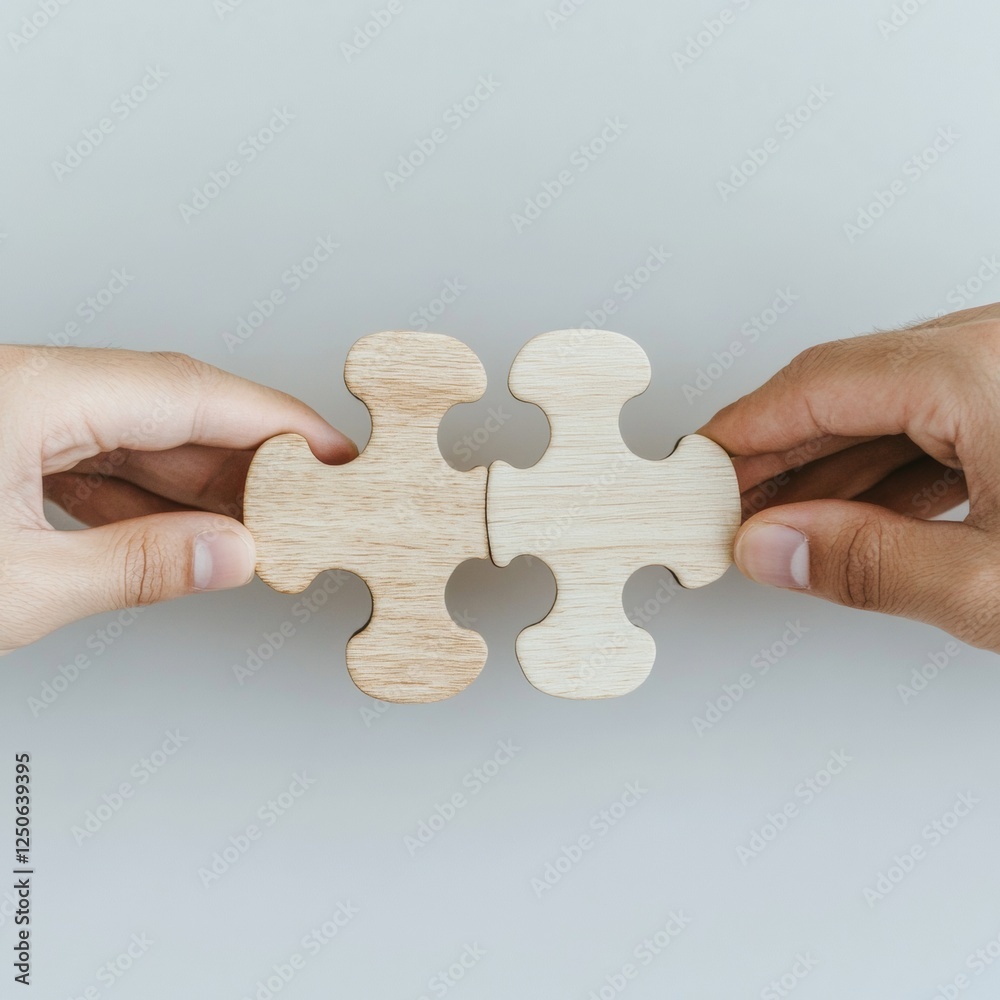 Poster minimalist puzzle concept wooden pieces in hands highlighting unity and collaboration - modern busin
