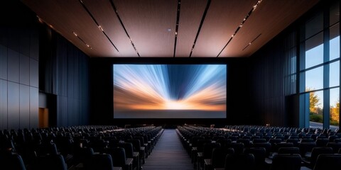 Modern Ergonomic Conference Venue Stadium Seating with Power Outlets, Acoustic Panels and Multi-Screen Setup for Corporate Events - Sleek Business Facility Design