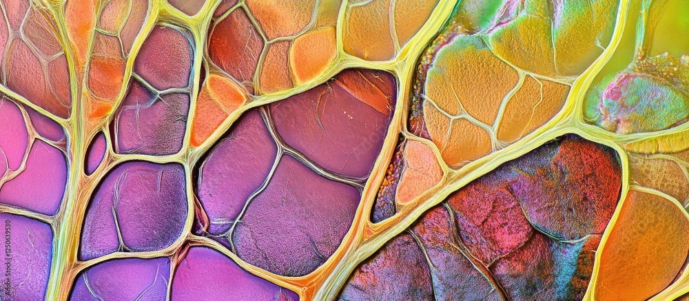 Poster Vibrant micrograph of plant root tip tissue showcasing intricate cell structures at 100X magnification with colorful patterns.