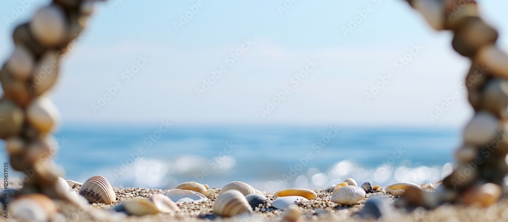 Aufkleber Seashells forming a frame on sandy beach with ocean view Summer theme empty space for text or marketing purposes