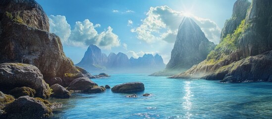 Serene coastal landscape with rocky formations and mountains under a bright blue sky and gentle sunlight reflecting on calm waters