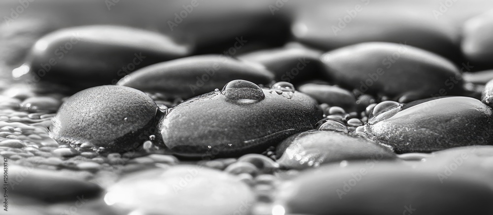 Poster black and white closeup of smooth stones on rocky beach with small wave splashing over them creating