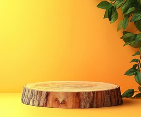 Wooden stump display podium, yellow backdrop, plants